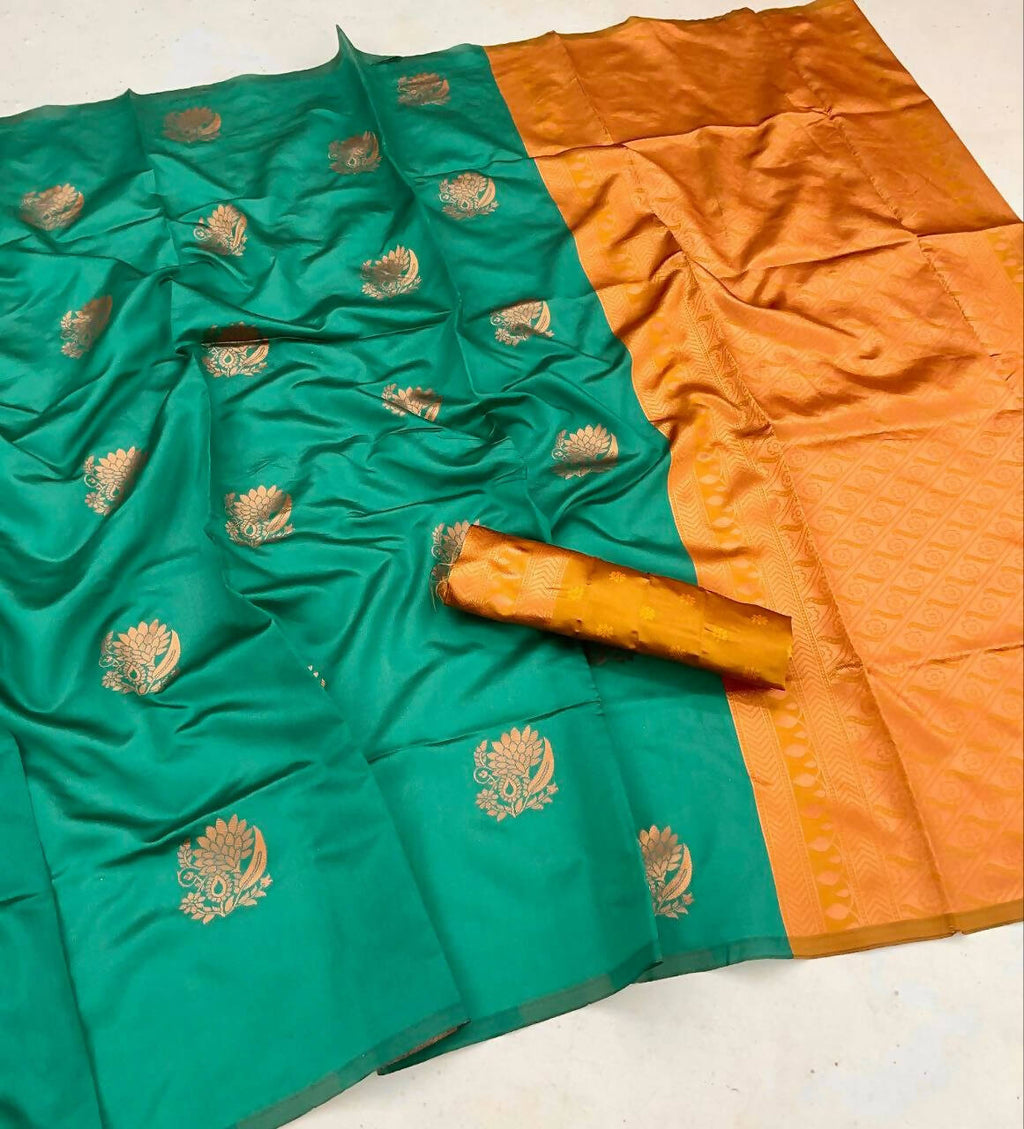 DEIANA'S Beautiful Designer Golden zari Soft Lichi Silk Saree - Rama | Grocsy