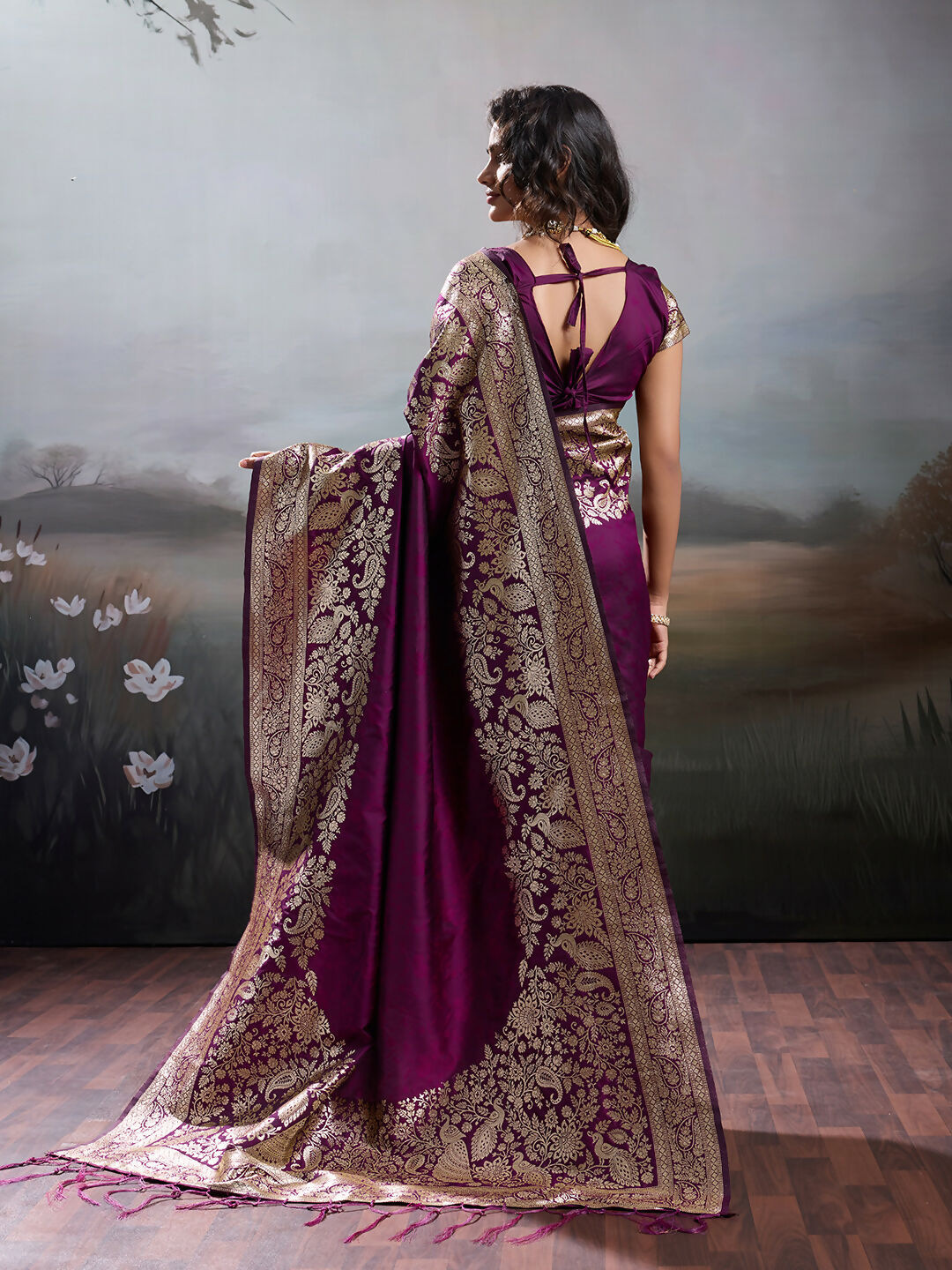 Shree Shyam Fashion Wine Silk Blend Saree | Grocsy