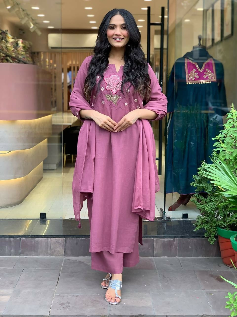 The52 Peach Women's Gorgeous Embroidered Cotton Fabric Straight Kurta Pant with Dupatta Set | Grocsy