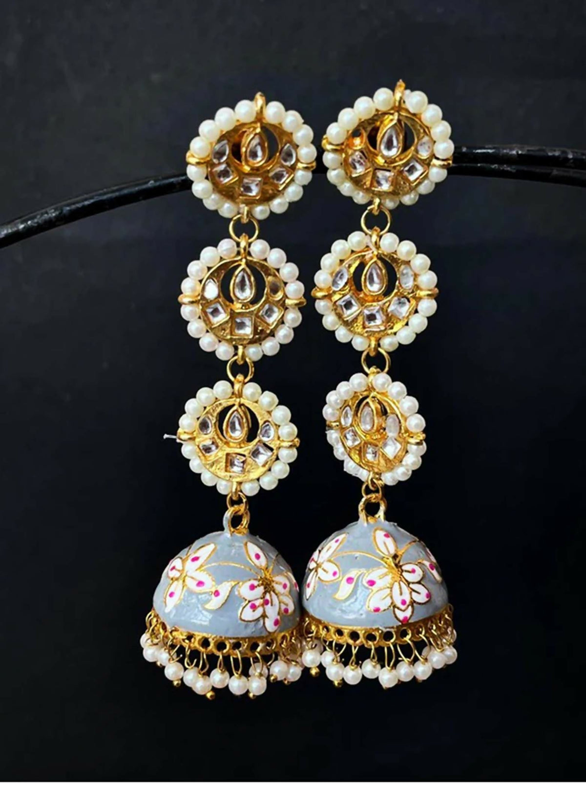 Joban Fashion Women White Meenakari Dome With Three Tops Drop Earring | Grocsy
