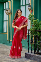 Vastranavya Red Embroidery Work Shimmer Chiffon Saree with Unstitched Blouse | Grocsy