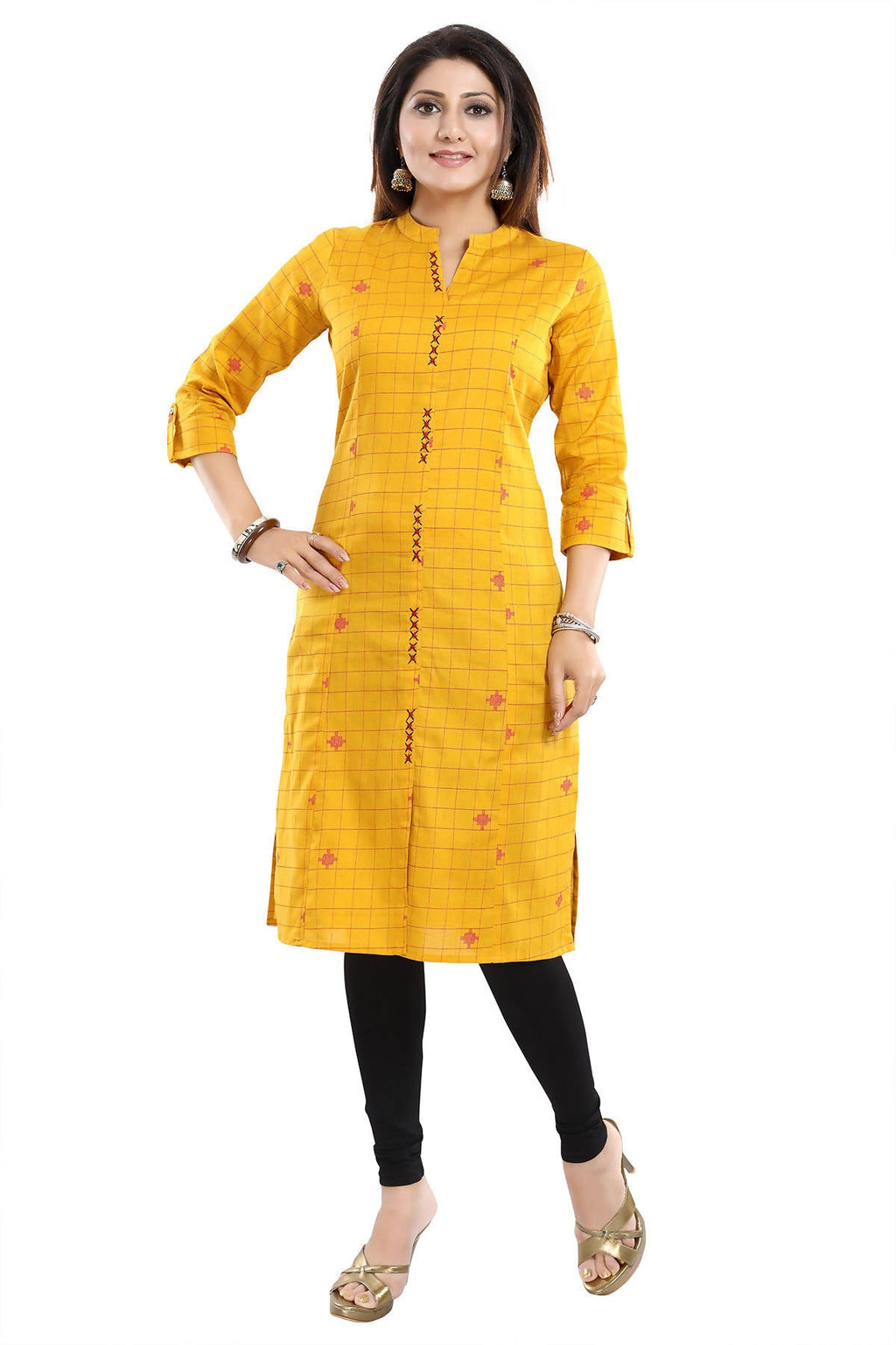 Snehal Creations Checkered Print Yellow Long Cotton Kurti | Grocsy