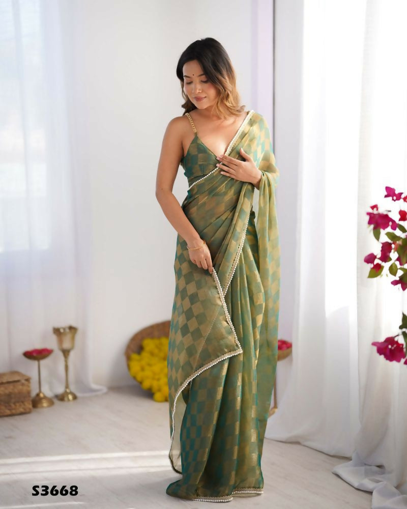 NC Chiffon Chex Wevon Chex Designer, Lace Party Wear Saree - Green | Grocsy