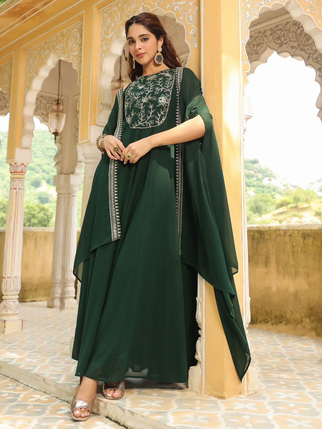 Janasya Dark Green Georgette Embroidered Dress & Jacket | Grocsy