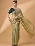 Green Muslin Embroidered Saree with Unstitched Blouse Piece - Satya | Grocsy