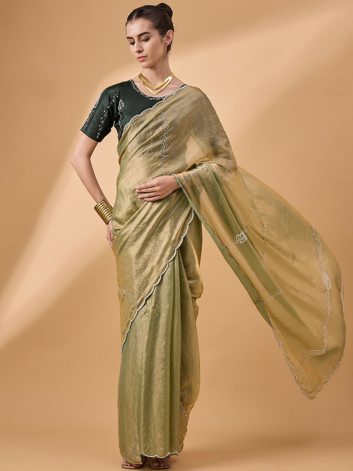 Green Muslin Embroidered Saree with Unstitched Blouse Piece - Satya | Grocsy