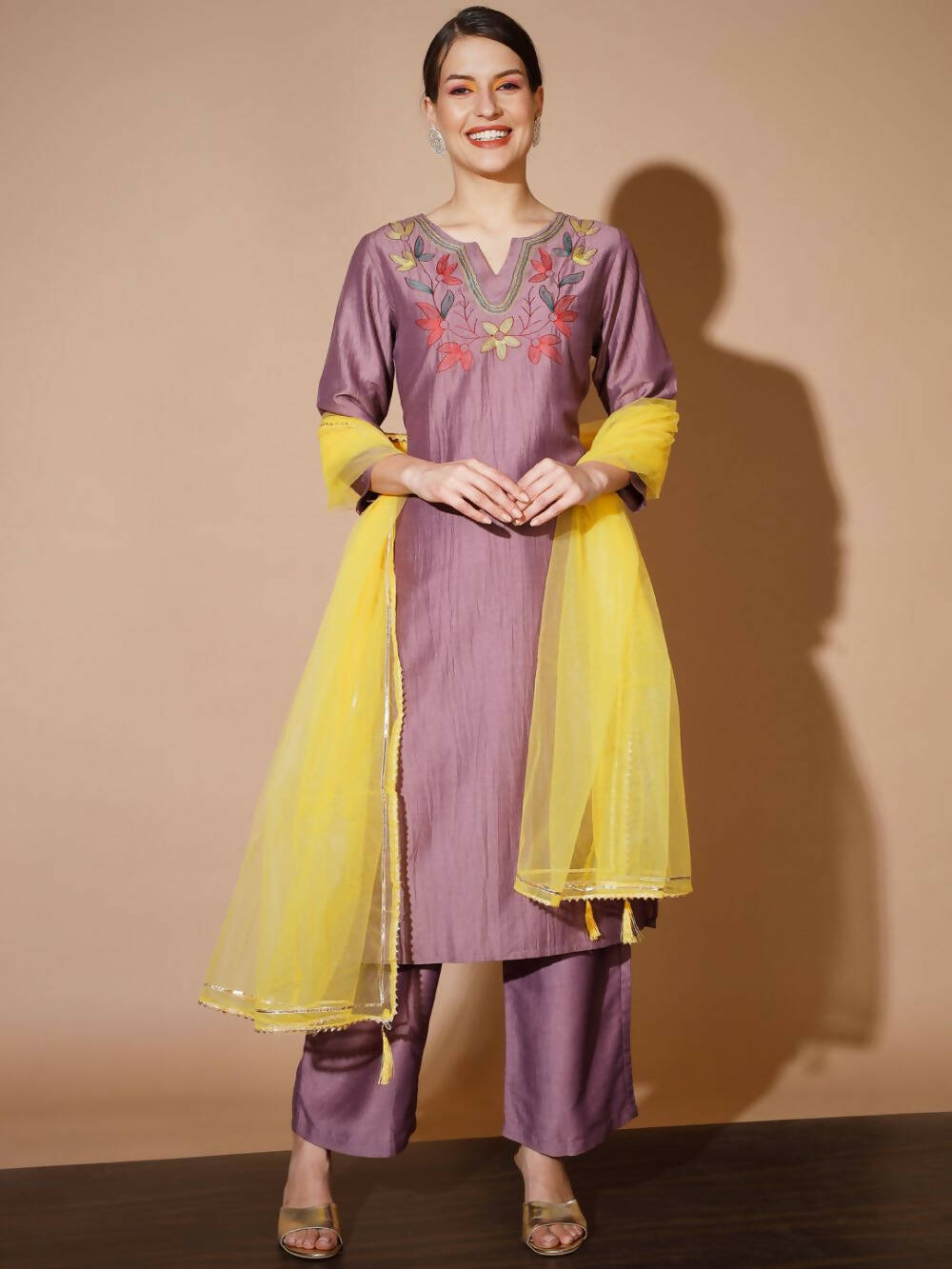Myshka Mauve Solid Kurta & Palazzos With Dupatta | Grocsy