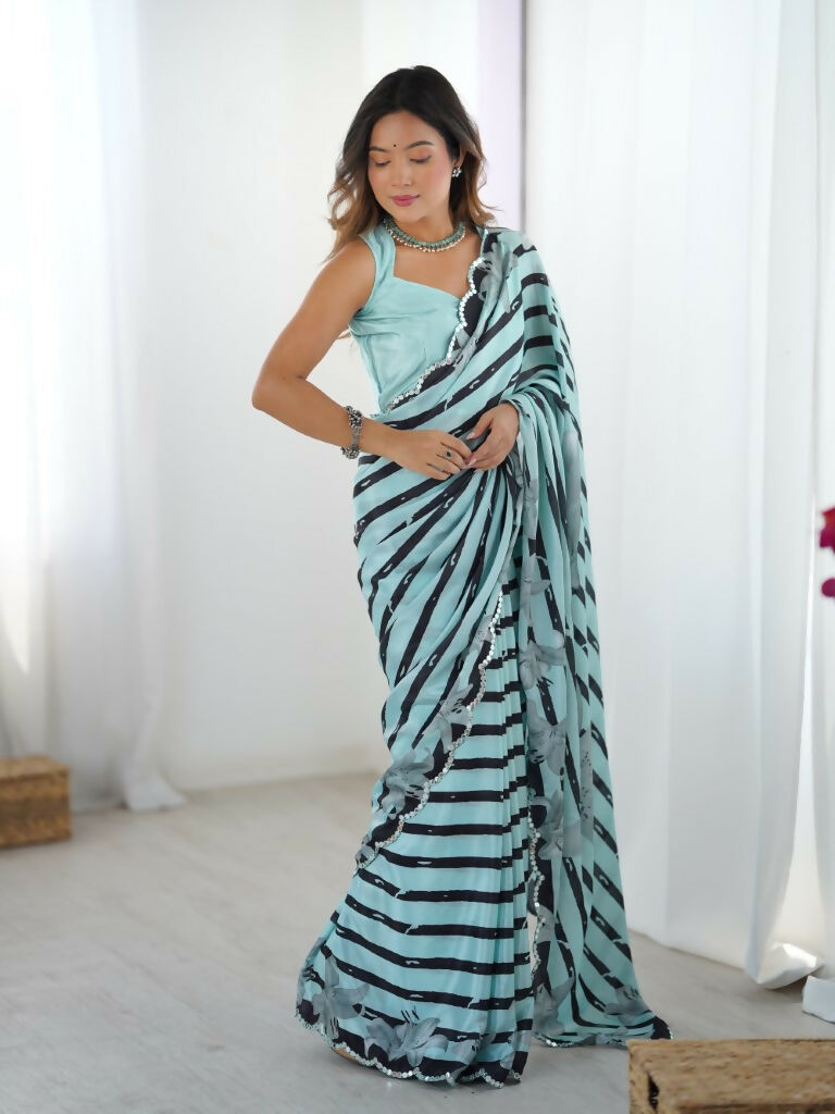 Sea Green Chinon Designer Digital Printed,Mirror Cut Work Saree - Manvika | Grocsy