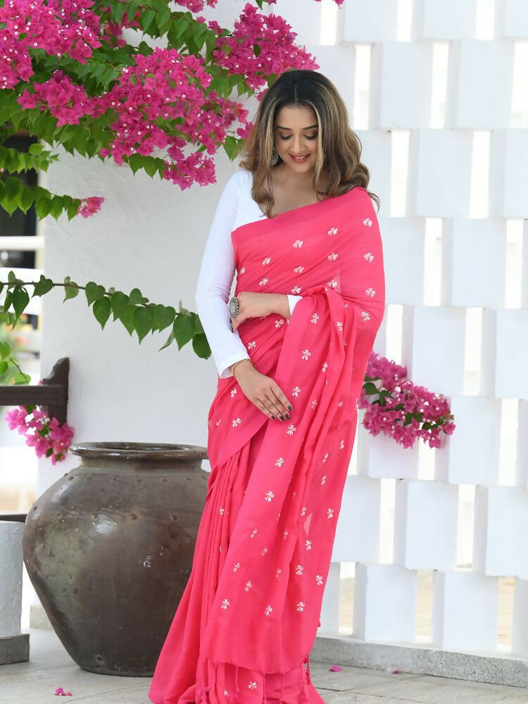 Beatitude Pink Khadi Floral Embroidered Saree | Grocsy