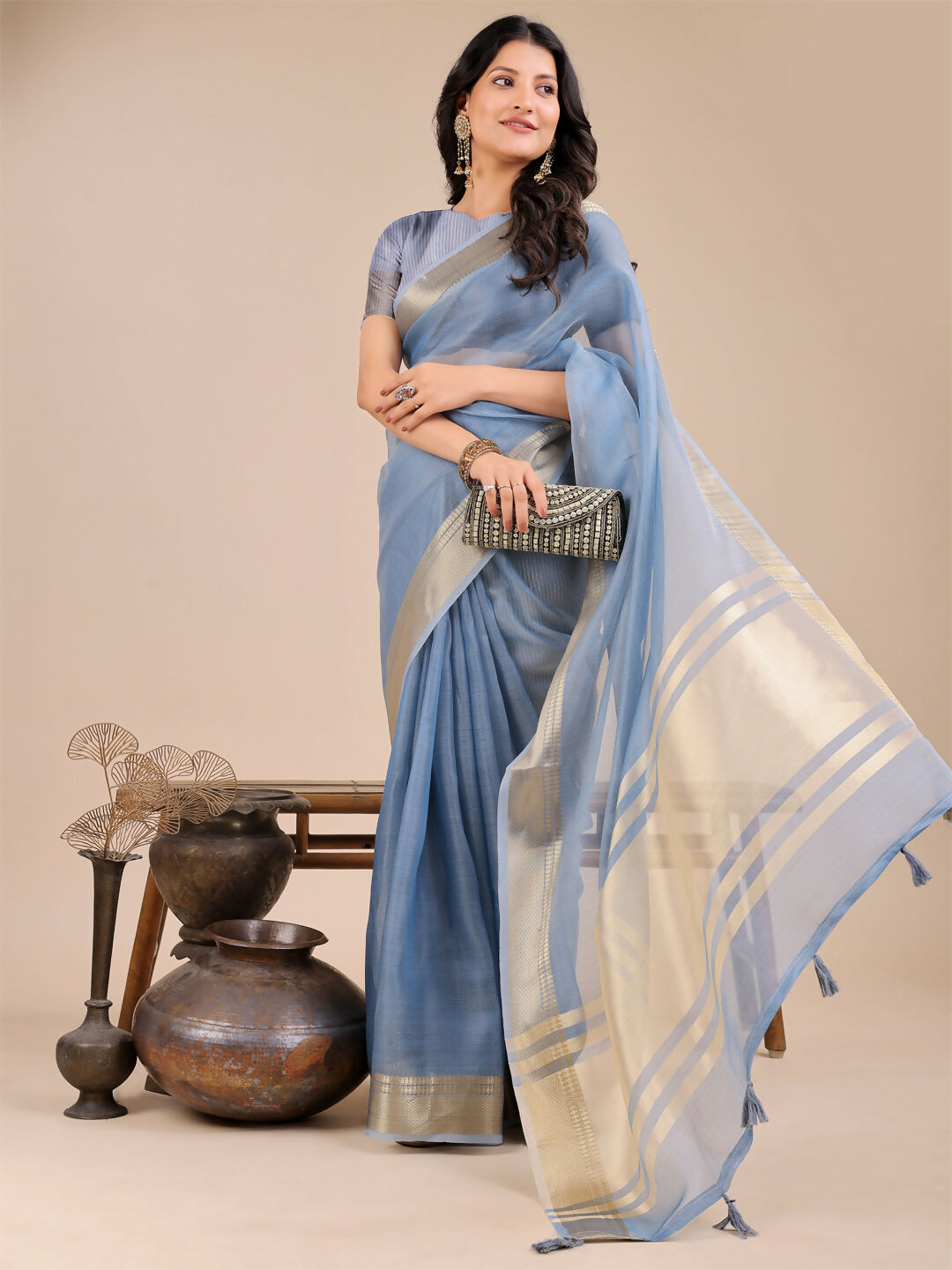 Shree Shyam Fashion Seoul Sky Blue Organza Saree | Grocsy