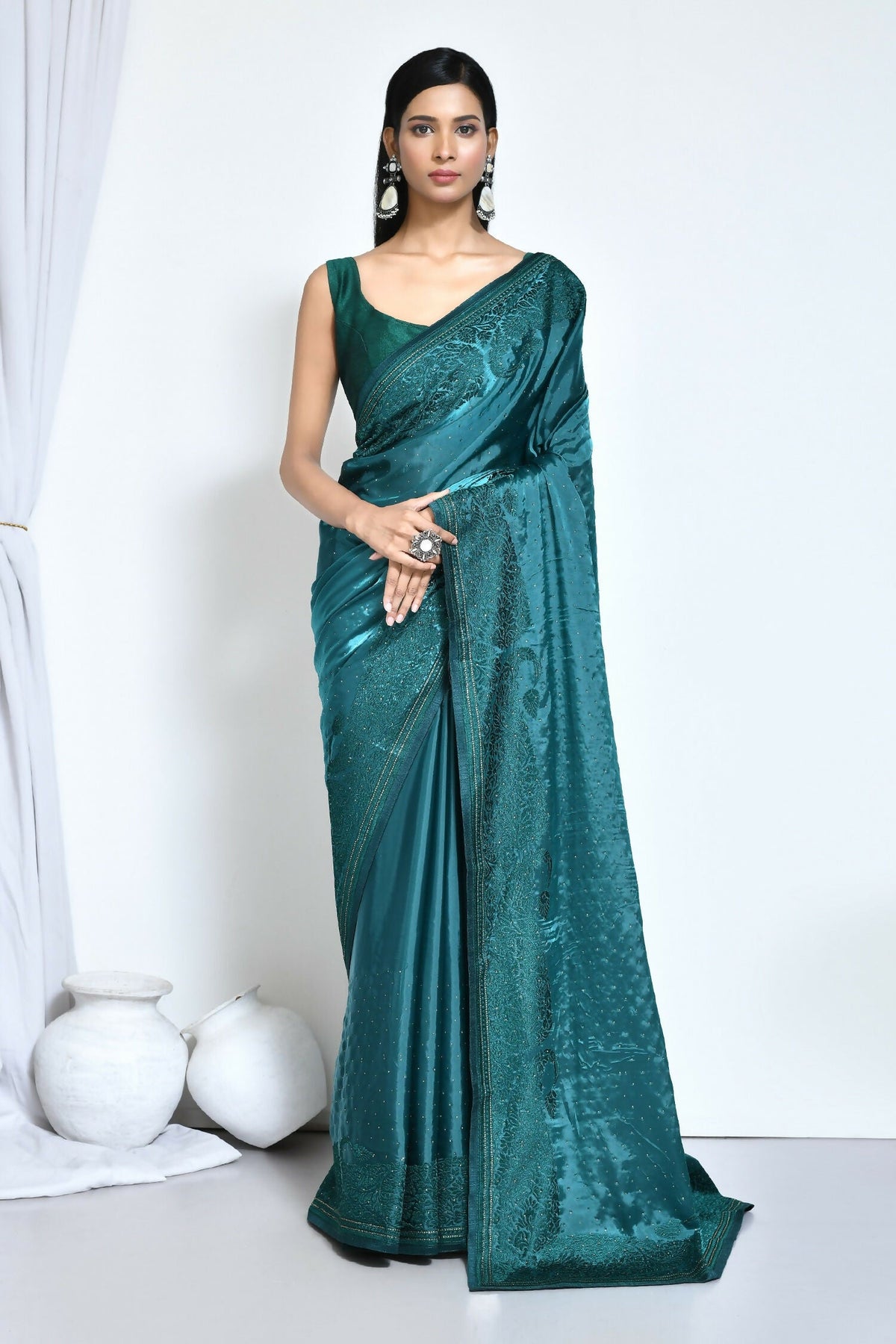 Light Blue Satin Silk Embroidered With Stone Work Festive Saree - Nimaya Denzy | Grocsy