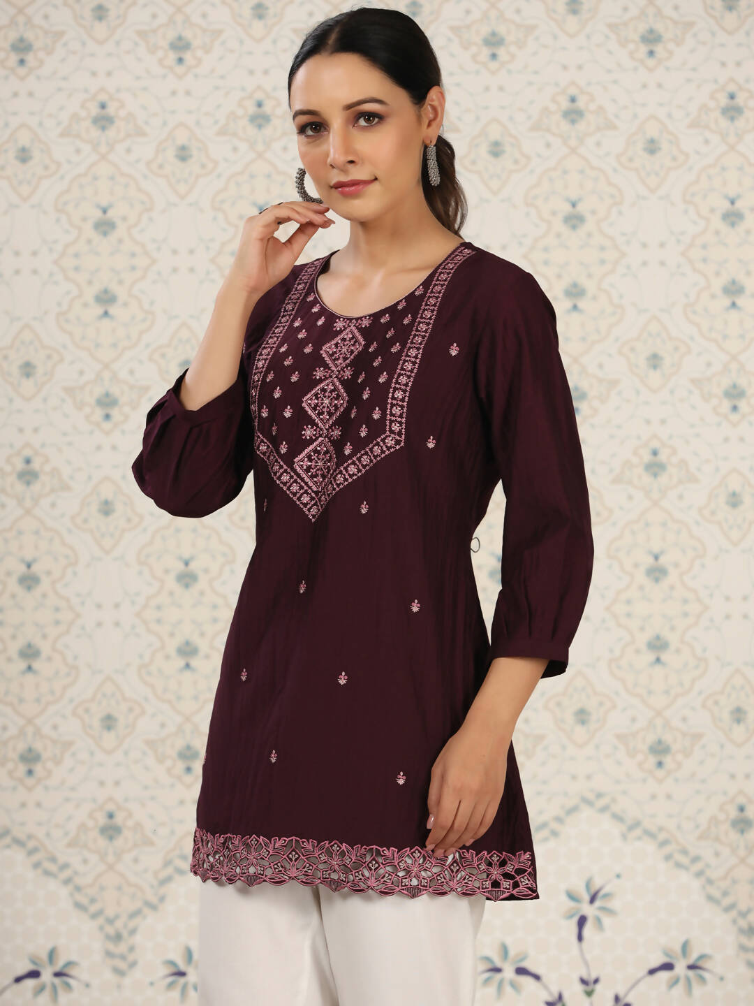 Magenta Chinon Embroidered Straight Top - Zeny | Grocsy