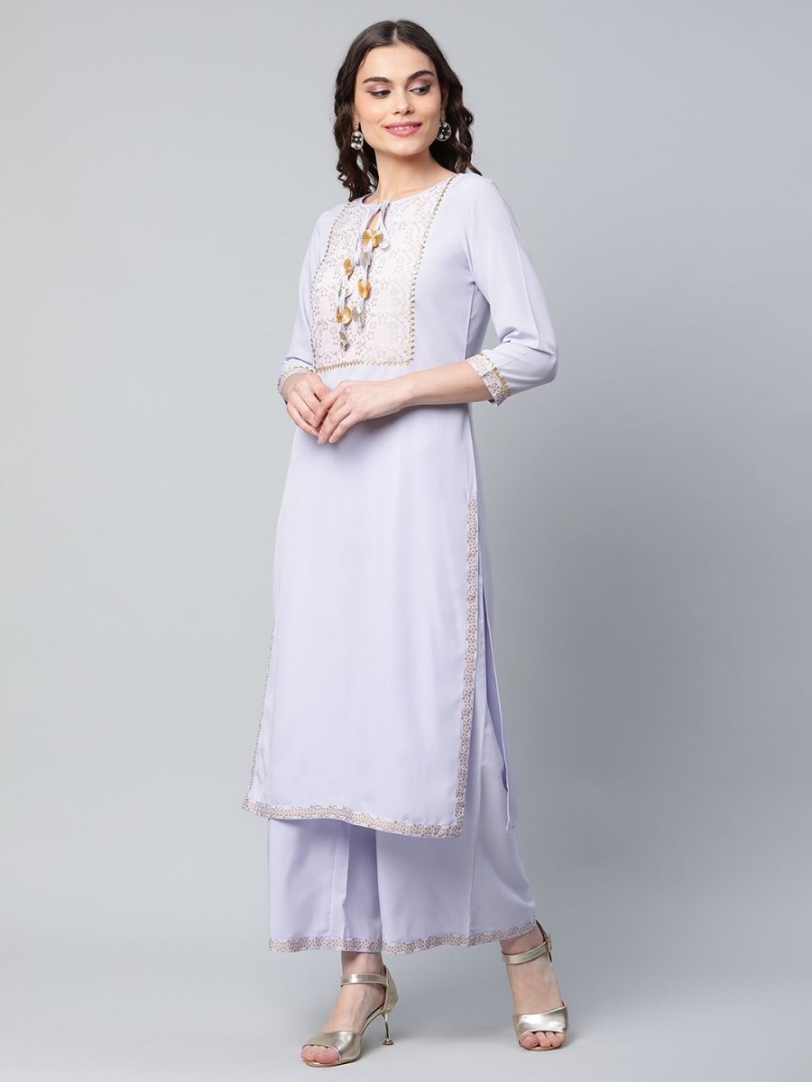 Ahalyaa Women's Powder Blue Crepe Gold Printed Kurta Palazzo Set | Grocsy