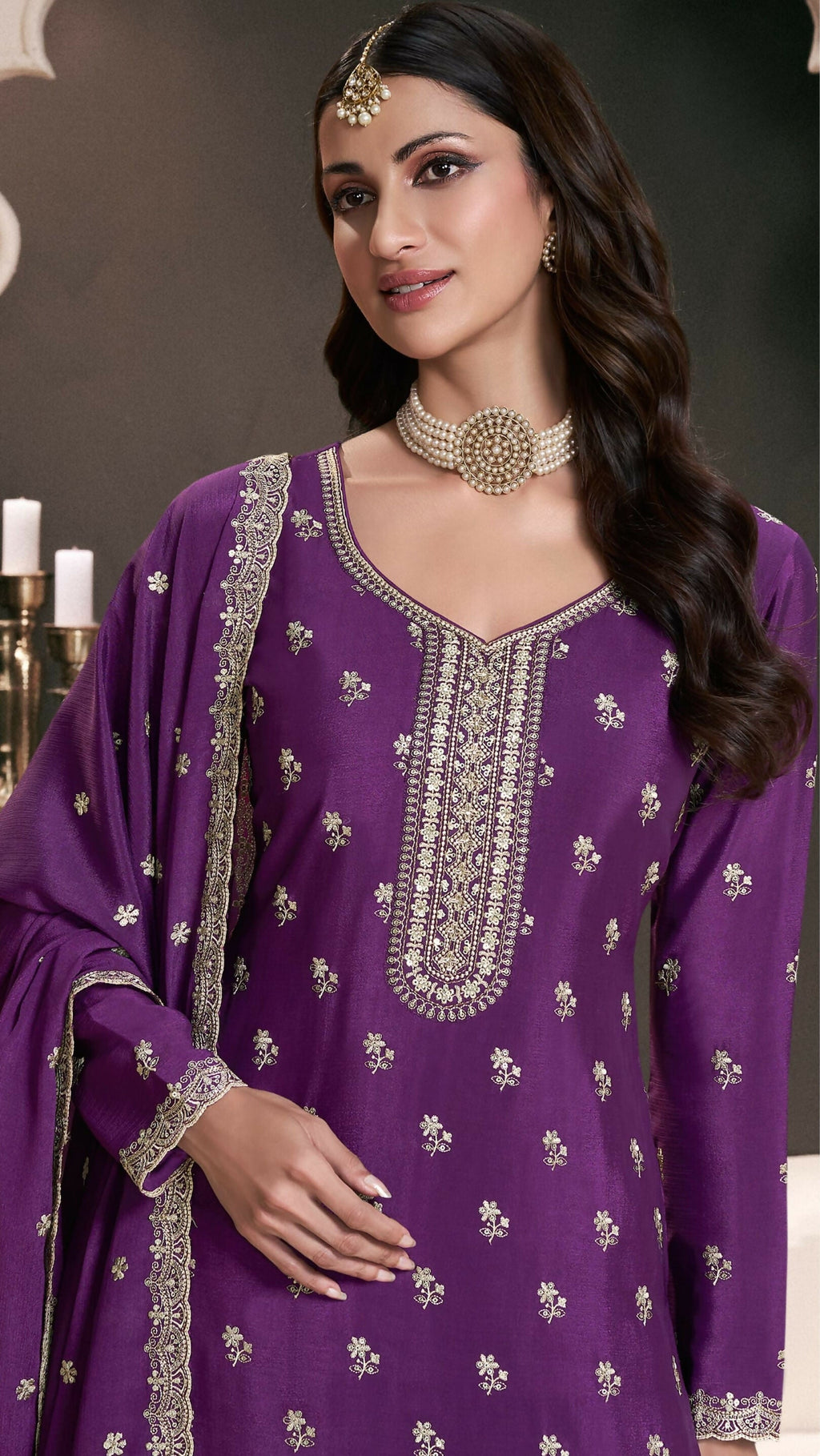 Anaita Purple Chinon Embroidered Thread Work Stitched Salwar Suit | Grocsy