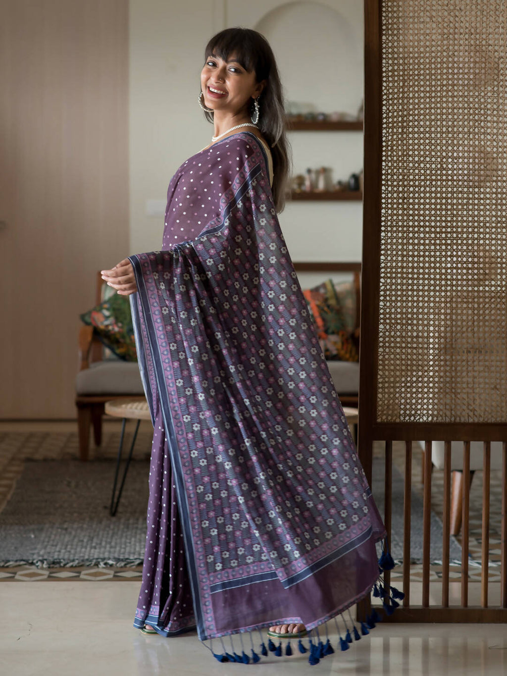 Suta Purple Polka Dots Pure Cotton Saree | Grocsy