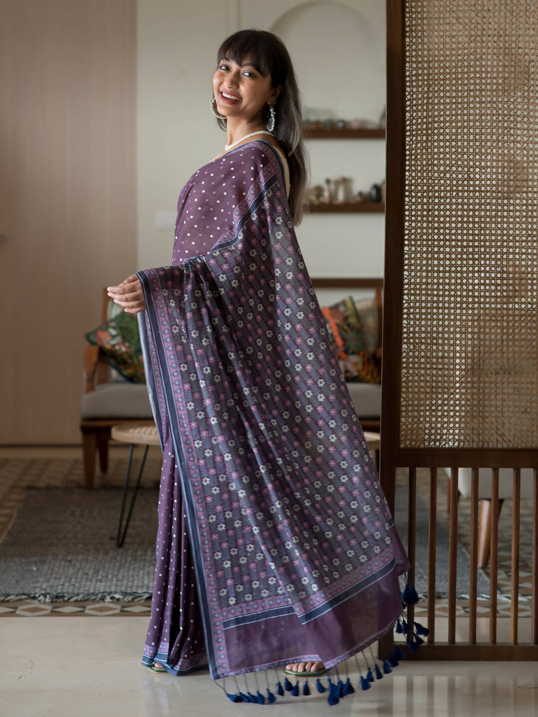 Suta Purple Polka Dots Pure Cotton Saree | Grocsy
