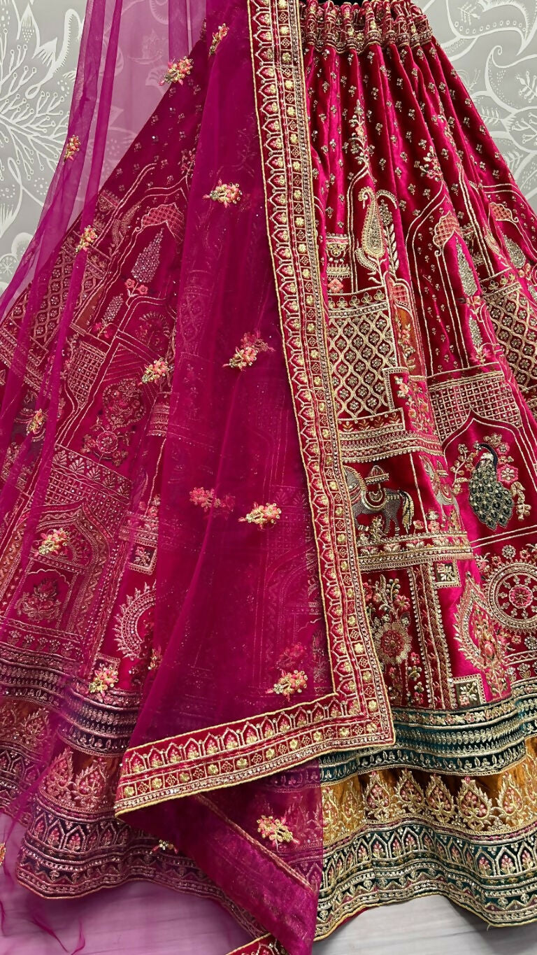 Jyoti Fashion Women's Rani Pink Velvet Fancy Dori & Sequins with Multi Thread Embroidered with Diamond Work Wedding Lehenga Choli | Grocsy
