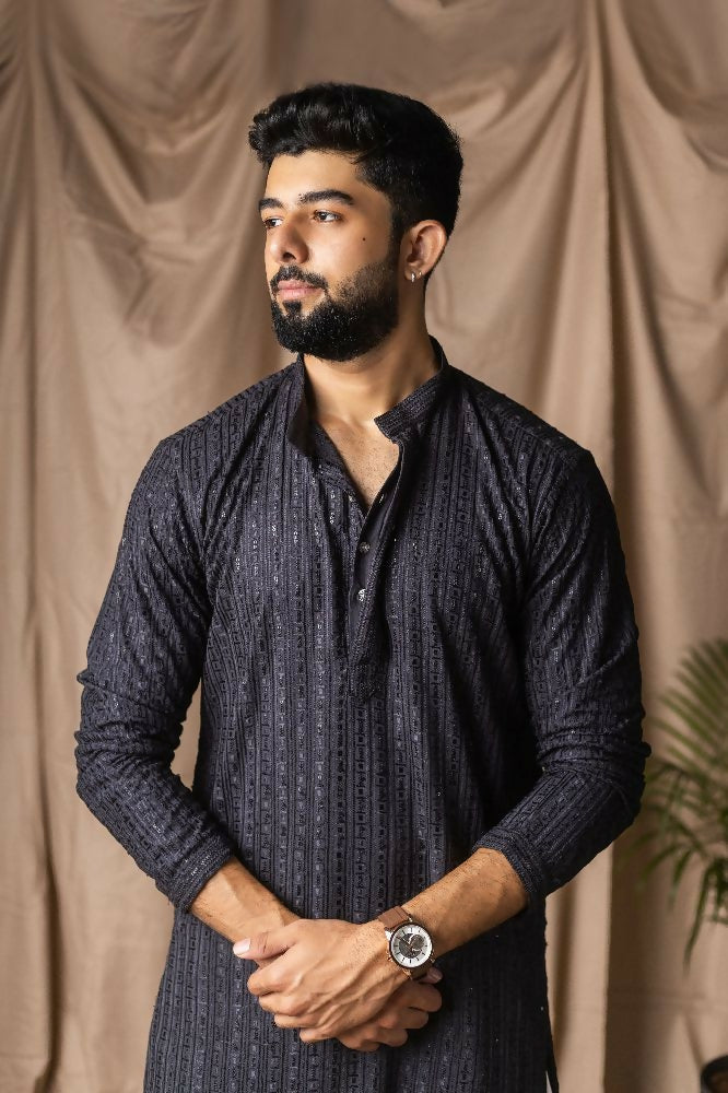 Dark Grey Rayon Thread Embroidery Work Kurta Set - Mahotsav | Grocsy