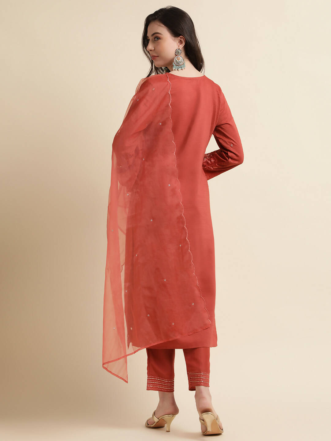 Orange Chinon Silk Embroidered Straight Kurta with Trouser & Dupatta - Salimar | Grocsy