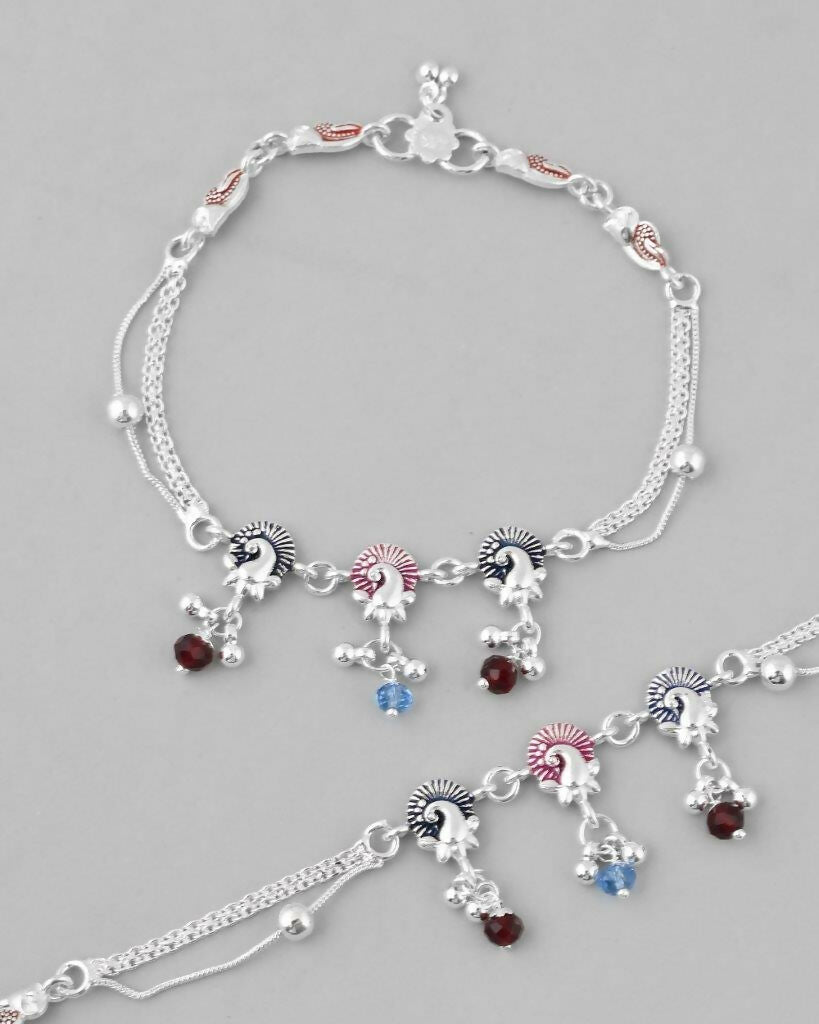 VOJ Set of 2 Silver Plated Peacock Shaped Multi Color Anklet | Grocsy