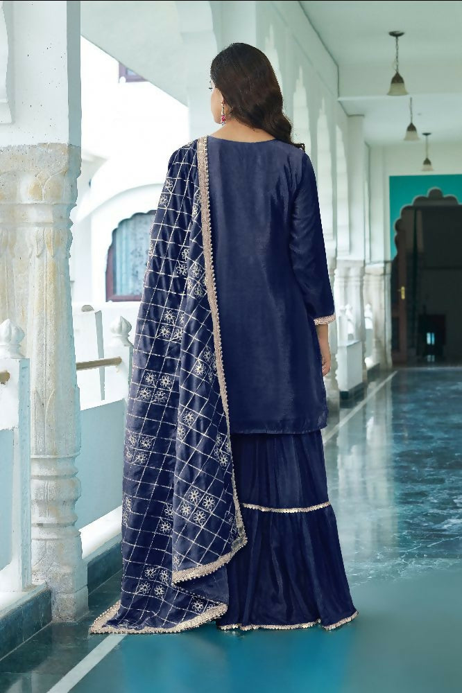 Teeya Creation Blue Colour Chinnon Silk Heavy Embroidery Work Fully Stitched Salwar Suit | Grocsy