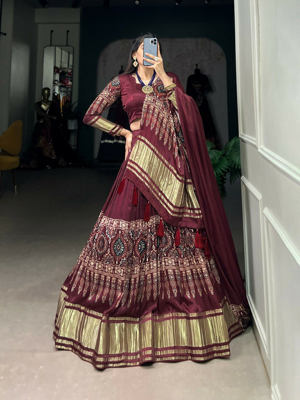 Vastranavya Traditional Every Occasion Gaji Silk Digital Print With Lagadi Patta Lehenga with Unstitched Blouse - Maroon | Grocsy