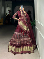 Vastranavya Traditional Every Occasion Gaji Silk Digital Print With Lagadi Patta Lehenga with Unstitched Blouse - Maroon | Grocsy