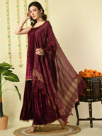 Myshka Women's Magenta Velvet Kurti & Sharara With Dupatta Party Sets | Grocsy