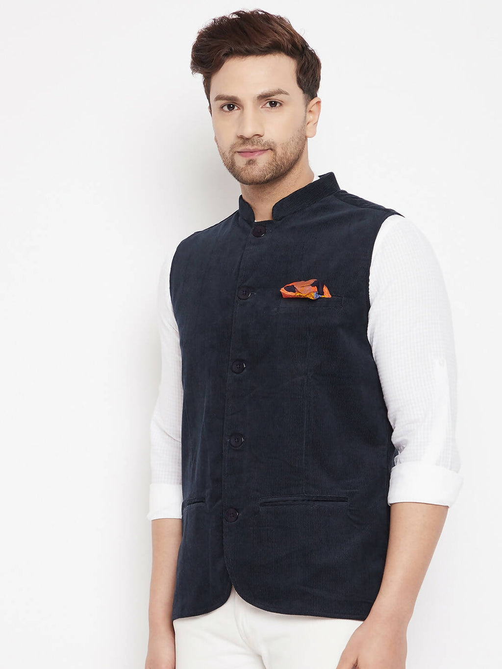 Even Apparels Navy Polyester Men's Nehru Jacket-Contrast Lining-Inbuilt Pocket Square | Grocsy