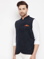 Even Apparels Navy Polyester Men's Nehru Jacket-Contrast Lining-Inbuilt Pocket Square | Grocsy