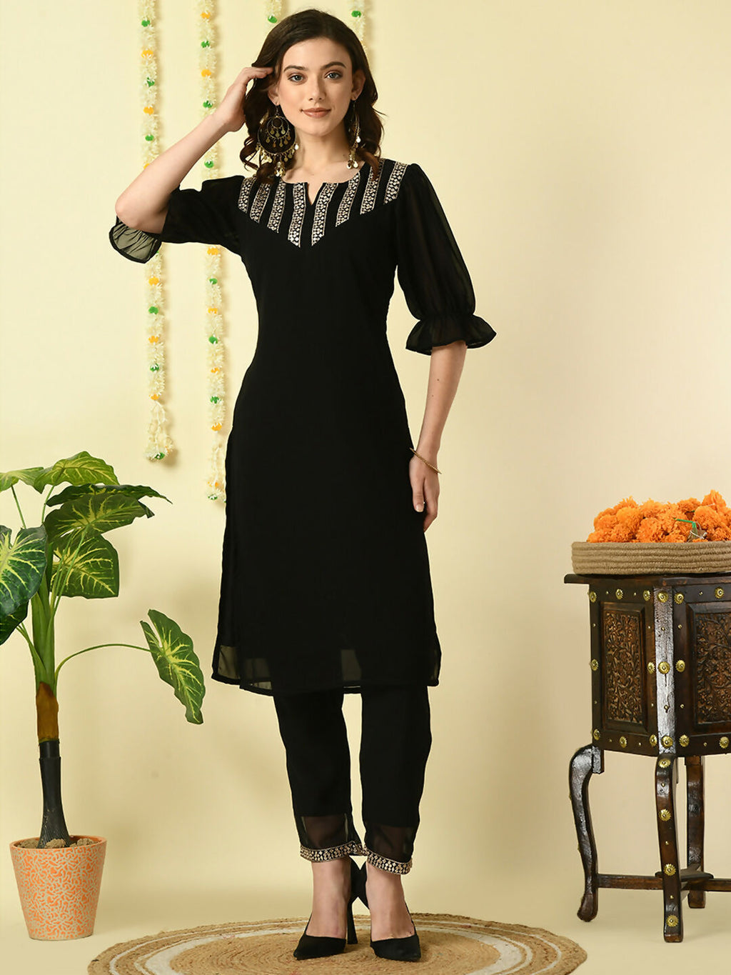Myshka Women's Black Georgette Kurta With Trousers Party Sets | Grocsy