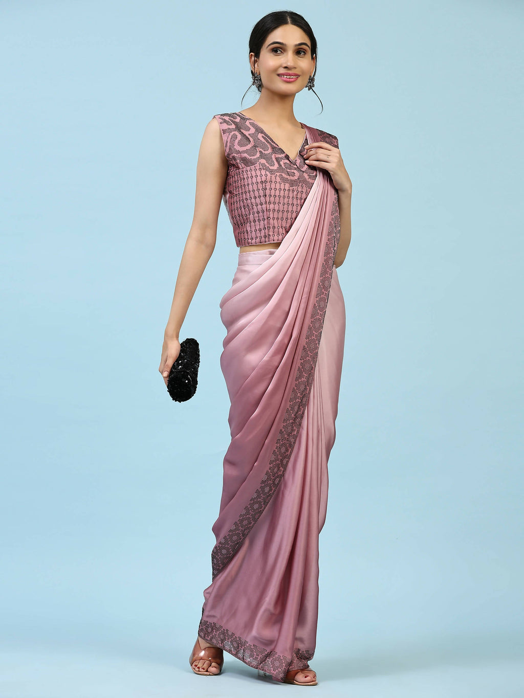 Purple Ombre Satin Georgette Plain Ready to wear Saree with stitched Blouse - Vrinda | Grocsy