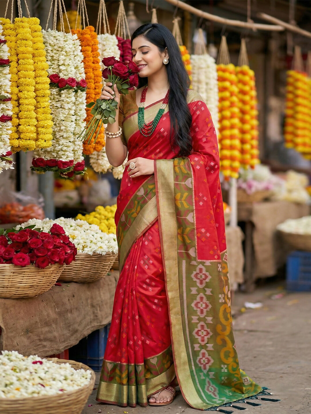 Shree Shyam Fashion Red Pochampally Silk Saree | Grocsy