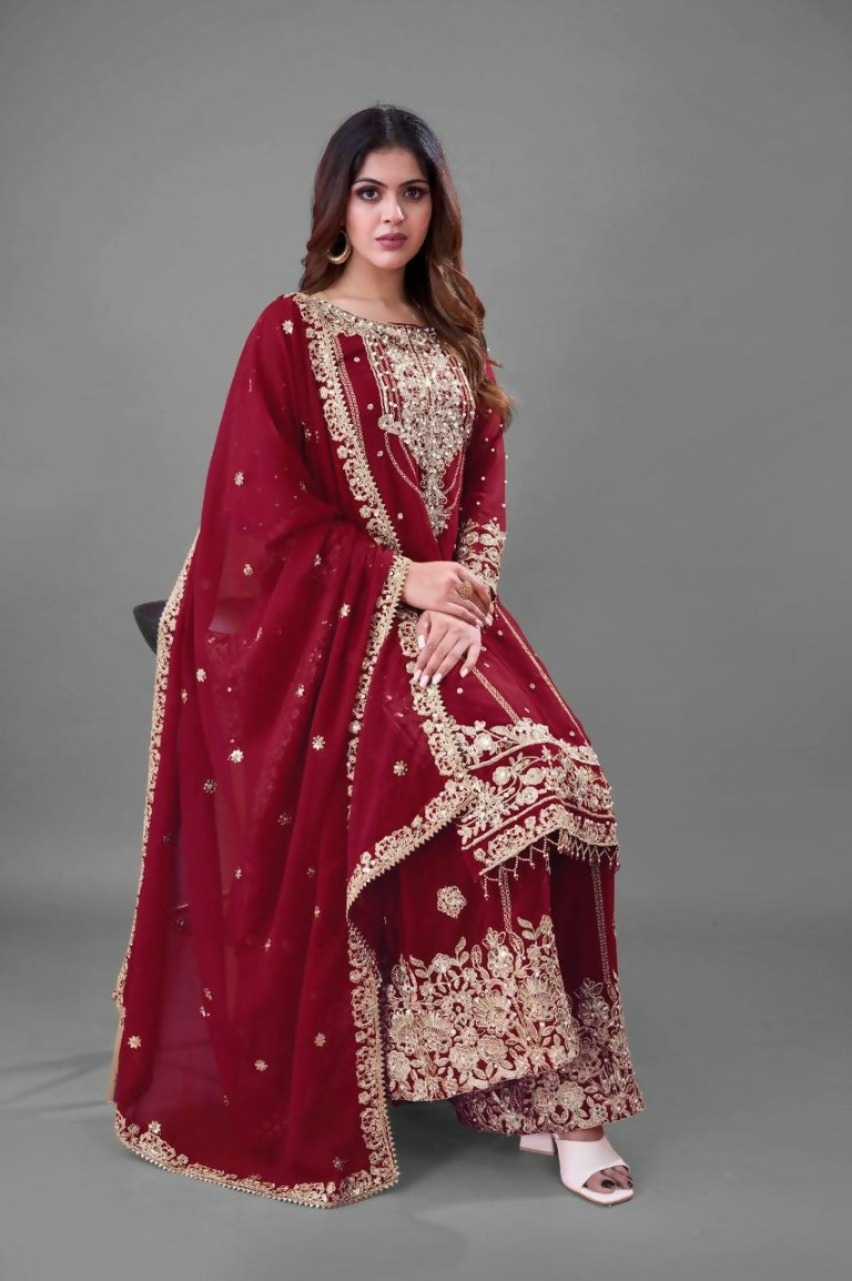 Teeya Creation Red Color Faux georgette Embroidery Work Sharara Set | Grocsy