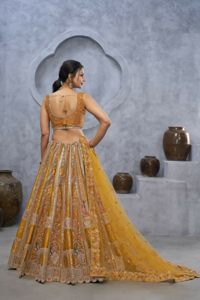 Kesar Fab Mustard Organza Embroidered Lehenga | Grocsy