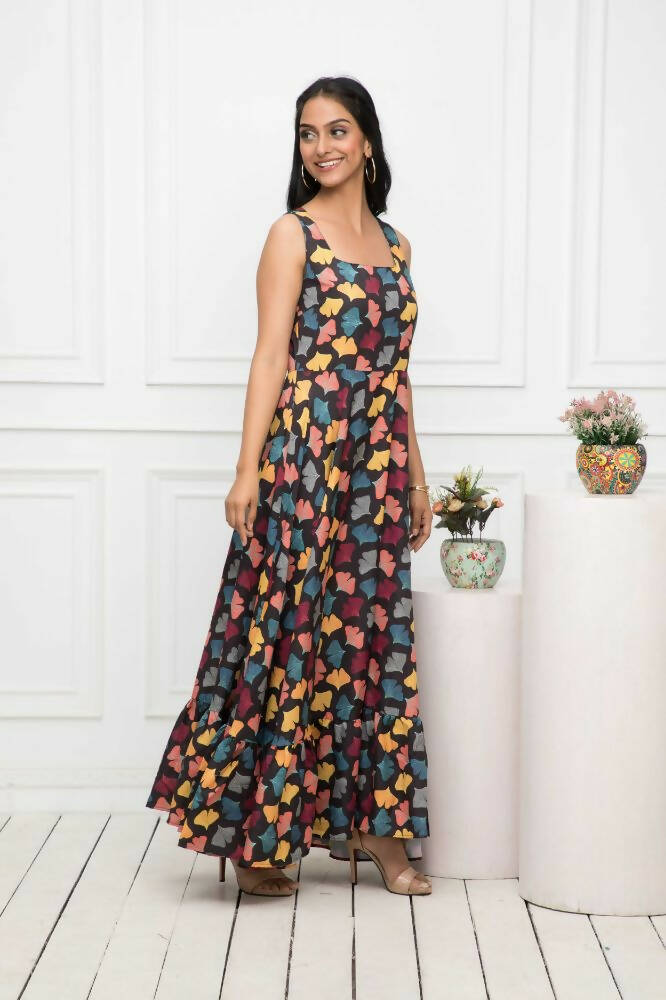 Myshka Women Black Floral Rayon A-Line Round Neck Dress | Grocsy