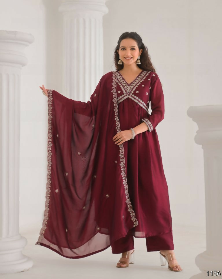 Ethnic Festive Wear Vichitra Silk Wine Stitched Suit With Dupatta - Tanisha | Grocsy