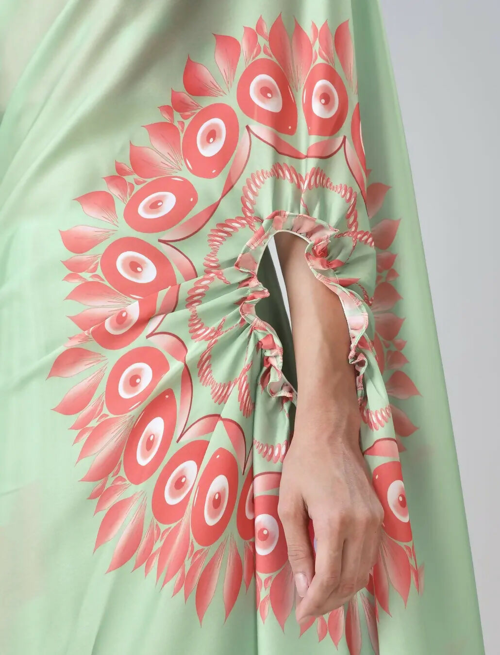 Vastranavya Mint Green & Coral Mandala Print Free Hand Ready to Wear Saree | Grocsy