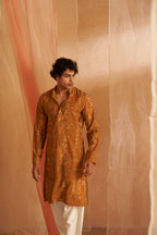 Brownish Yellow Modal Silk Designer Printed Men's Kurta Set - Mahotsav | Grocsy
