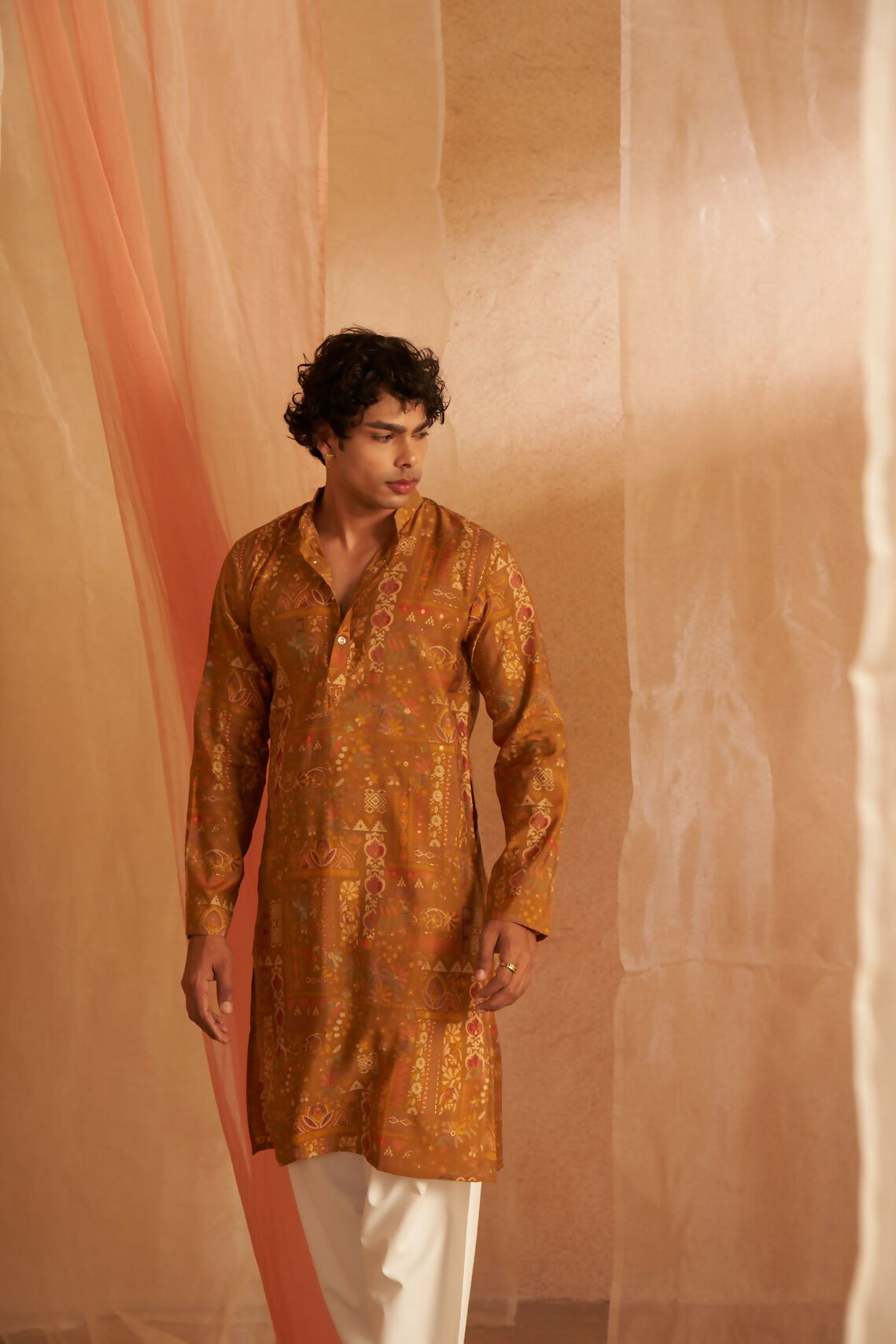 Brownish Yellow Modal Silk Designer Printed Men's Kurta Set - Mahotsav | Grocsy