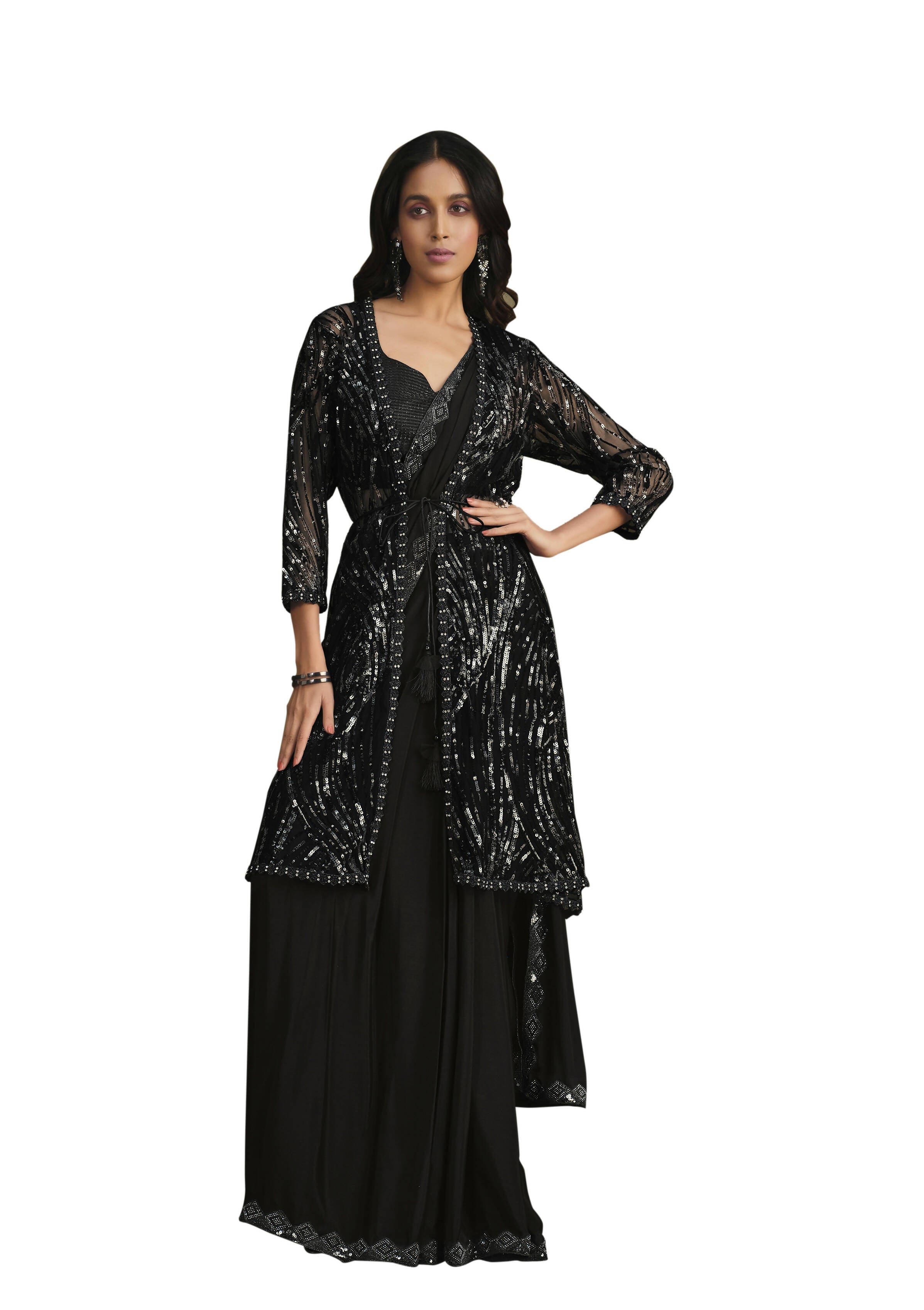 Black Crepe Silk Sequence Embroidered & Stone Work With Sequence Work Jacket Saree With Stitched Blouse - Mohmanthan La Belle | Grocsy