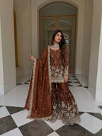 Teeya Creation New Trendy Latest Designer Embroidery Sharara Kurta Set -Brown | Grocsy