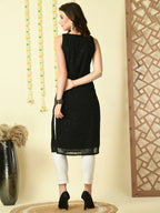 Myshka Women's Black Georgette Sleeveless Straight Party Kurta | Grocsy