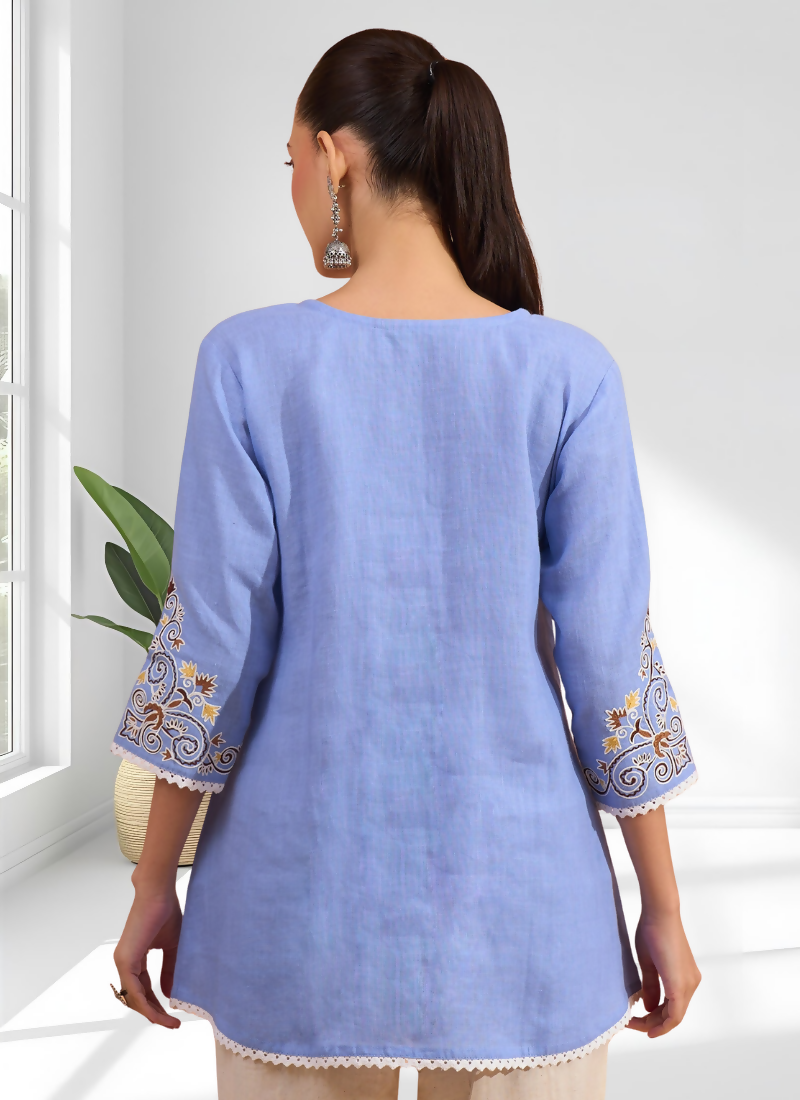 Joban Fashion Sky Blue Cotton, Linen Embroidered Readymade Tunic | Grocsy