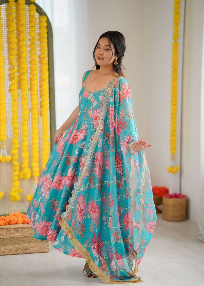 Teeya Creation Blue Pure Muslin Silk Digital Print Traditional Wear Long Gown | Grocsy