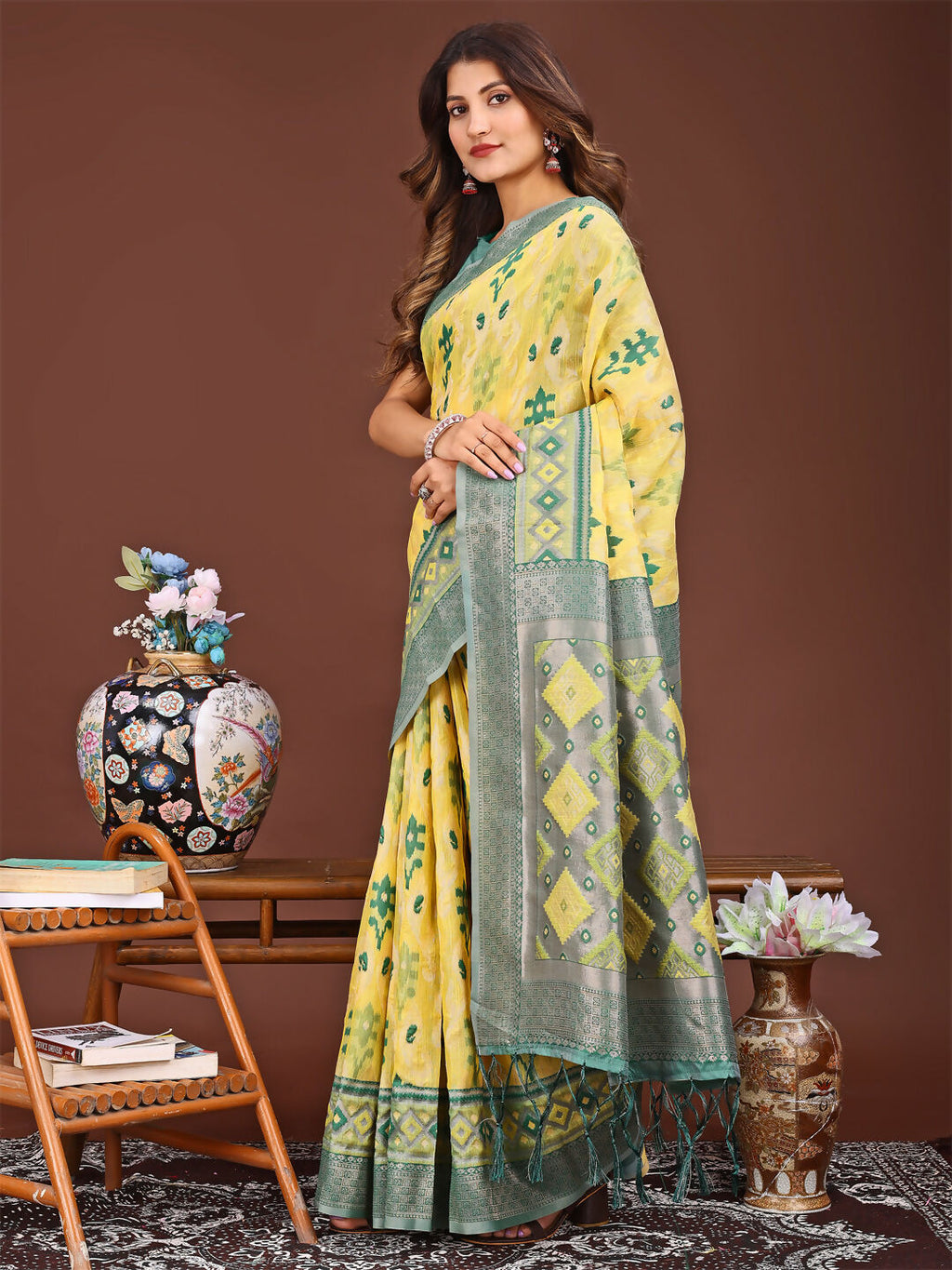 Shree Shyam Fashion Linen Cotton Yellow Saree | Grocsy