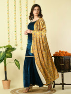 Myshka Women's Teal Velvet Kurti & Sharara With Dupatta Party Sets | Grocsy