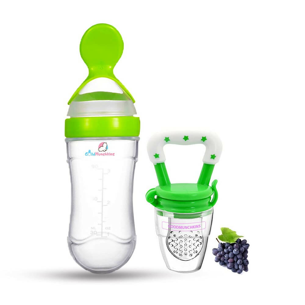 Goodmunchkins Silicone Spoon Food Feeder & Fruit Feeder for Toddlers Food Grade Silicone Bottle 90ml-Green | Grocsy
