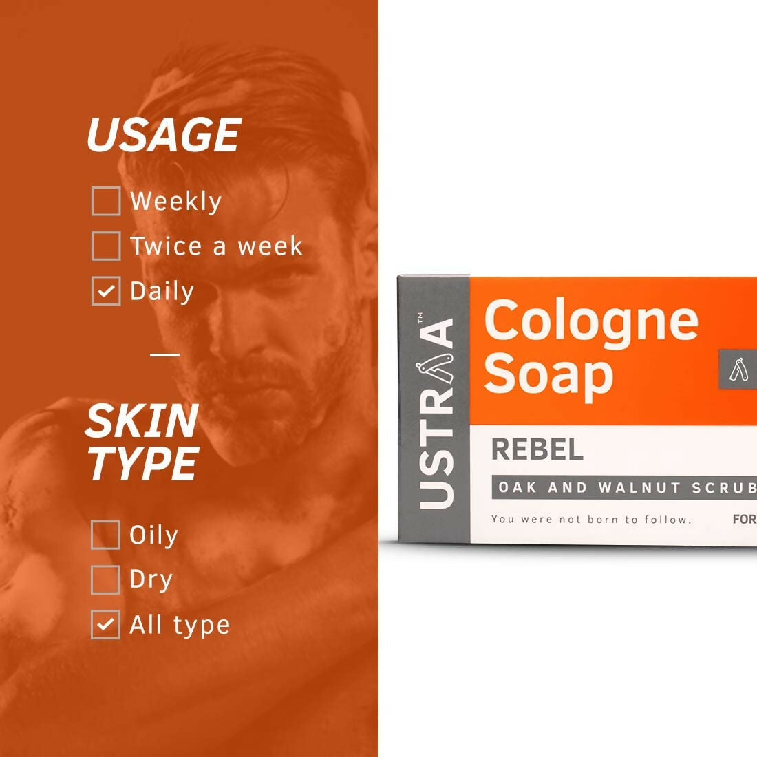 Ustraa Rebel Cologne Soap with Oak & Walnut, Triple-milled Soap, Mild Exfoliation with Walnut Granules | Grocsy