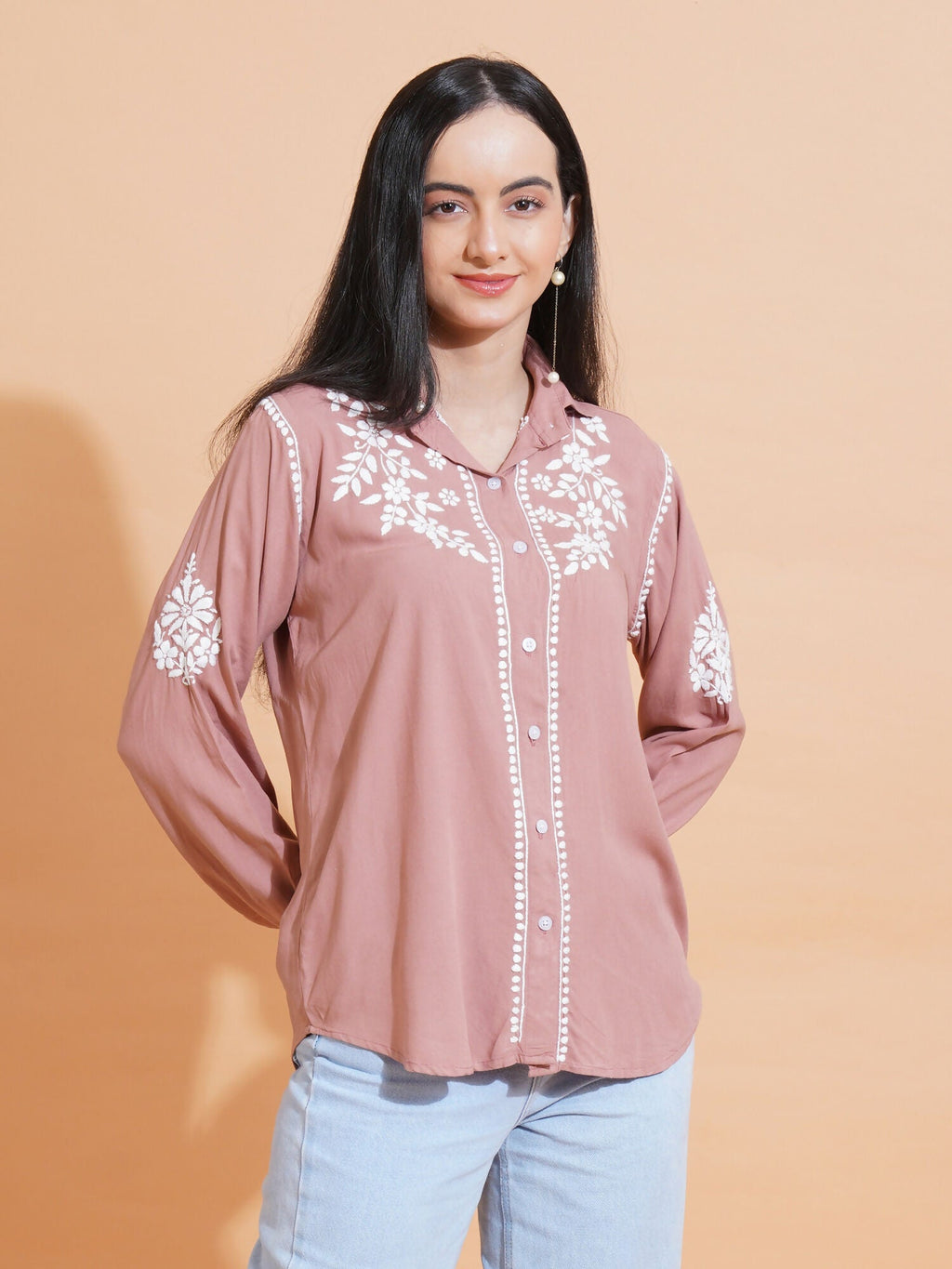 Pahnaz Modal Chikankari Handwork Shirt-Brown | Grocsy
